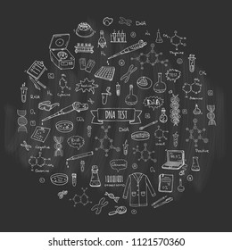 Hand drawn doodle DNA test icons set. Vector illustration. Medical lab symbol collection. Cartoon nano technology, medicine, genome elements: research tools, substance, molecules, nitrogenous bases