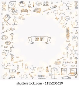 Hand drawn doodle DNA test icons set. Vector illustration. Medical lab symbol collection. Cartoon nano technology, medicine, genome elements: research tools, substance, molecules, nitrogenous bases