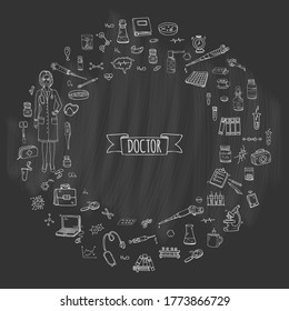 Hand drawn doodle Doctor icons set Vector illustration Sketch Nurses and medical staff. Medical hospital concept in cartoon design people character. Healthcare symbols collection: laboratory equipment