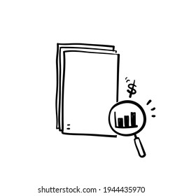documento de doodle dibujado a mano y símbolo de lupa para el icono de la investigación analítica