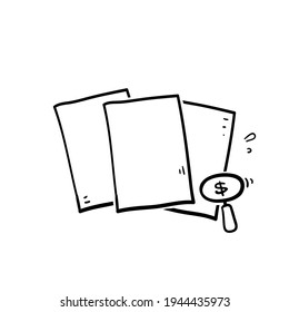 hand drawn doodle document and magnifying glass symbol for analytic research icon