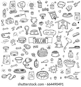 Hand drawn doodle Dog care icons set. Vector illustration. Vet symbol collection. Cartoon cat care elements: kennel, leash, food, paw, bowl, bone and other goods for pet shop, hotel