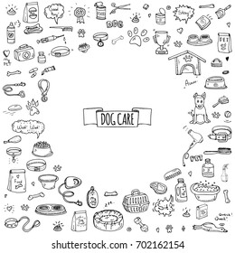 Hand drawn doodle Dog care icons set. Vector illustration. Vet symbol collection. Cartoon cat care elements: kennel, leash, food, paw, bowl, bone and other goods for pet shop, hotel