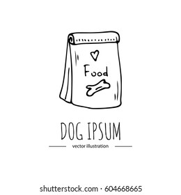 Hand drawn doodle Dog dry food package icon Pet stuff and supply Vector illustration. Vet collection. Cartoon dogs and cats care element, crisp treat, paw, bone, heart Symbol for goods for pet shop