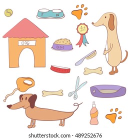 Hand drawn doodle dog stuff  icons set. Vector illustration. Cartoon dogs care elements: Pet shop icons.