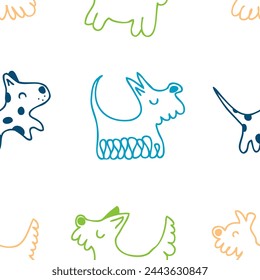 Hand drawn doodle dogs vector graphic seamless pattern. Animal cartoon characters print for tee, paper, textile and fabric. Doodle illustration for decor and design.