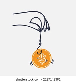 hand drawn doodle dollar money on fishing hook illustration vector