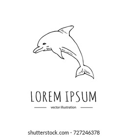 Hand drawn doodle Dolphin icon isolated on white background. Vector illustration, Marine activity related icon - jumping mammal. Sketchy element. Cartoon wild fish Scales Spike fin Tale