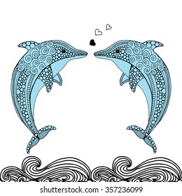 Hand drawn doodle dolphin pair in love