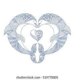 Hand drawn doodle dolphin pair in love
