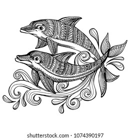 Hand drawn doodle dolphin with scrolling sea wave for coloring book for adult