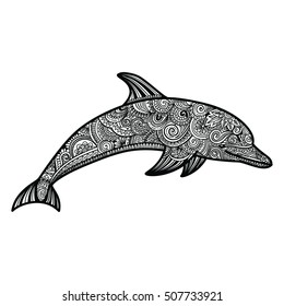 Hand drawn doodle dolphin zen tangle style beautiful doodles. illustration of sea animals.