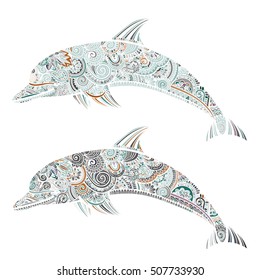 Hand drawn doodle dolphin zen tangle style beautiful doodles. illustration of sea animals.