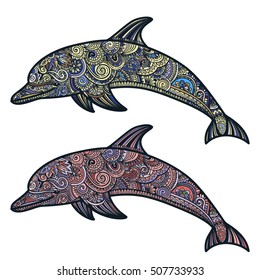 Hand drawn doodle dolphin zen tangle style beautiful doodles. illustration of sea animals.