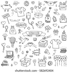 Hand Drawn Doodle Donation Icons Set. Vector Illustration. Charity Symbols Collection Cartoon Donate Sketch Elements: Blood Donation, Box, Heart, Money Jar, Care, Help, Gift, Giving Hand, Fund Raising