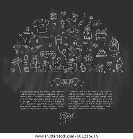 Hand drawn doodle Donation icons set. Vector illustration. Charity symbols collection Cartoon donate sketch elements: blood donation, box, heart, money jar, care, help, gift, giving hand, fund raising