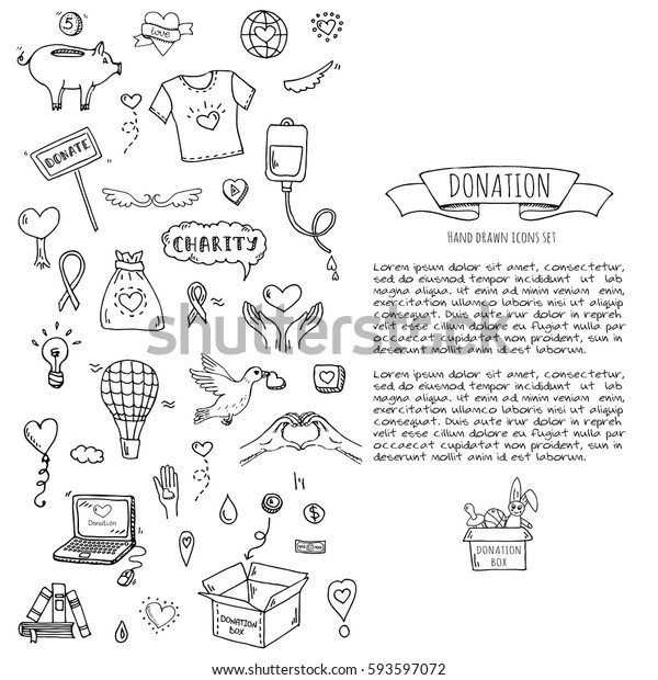 手描きの落書き贈与アイコンセット ベクターイラスト チャリティーシンボルコレクションスケッチエレメントを寄贈するcartoon 献血 箱 ハート お金の入れ物 ケア ヘルプ 贈り物 手渡し 資金調達 のベクター画像素材 ロイヤリティフリー