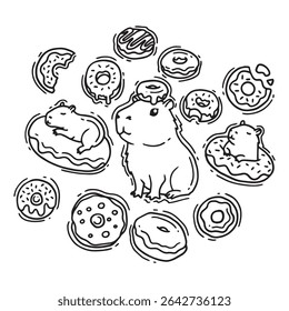 Rabiscar de rosquinhas e capivara desenhado à mão. Ilustração vetorial