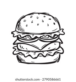 Hand drawn doodle of double burger, cheese, lettuce, bun, simple line art drawing, fast food graphic.