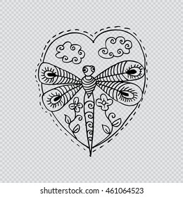 Hand drawn Doodle Dragonfly with heart.