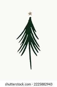 Hand Drawn Doodle Drawing of Christmas Tree With Golden Star On Top. Vector Illustration Isolated. Simple Style Graphic Ideal For Holiday Greeting Card Design.
