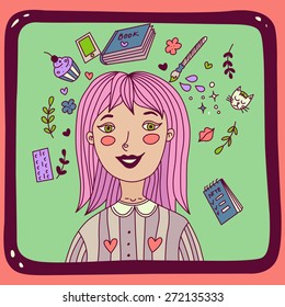 Hand drawn doodle dreaming girl vector illustration concept