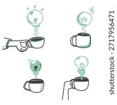 hand drawn doodle drink mug with light bulb steam illustration