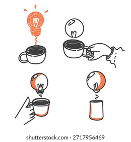 caneca de bebida desenhada à mão com lâmpada de luz ilustração a vapor