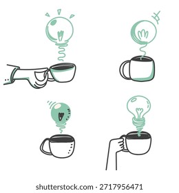 caneca de bebida desenhada à mão com lâmpada de luz ilustração a vapor