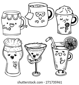 hand drawn doodle drinks characters, smiling faces, vector illustration set, black and white outlines