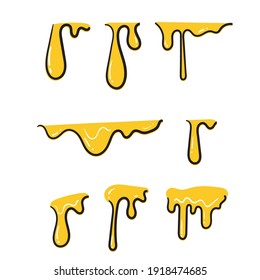 hand drawn doodle Dripping honey. Golden yellow cartoon syrup or juice dripping liquid oil splashes isolated