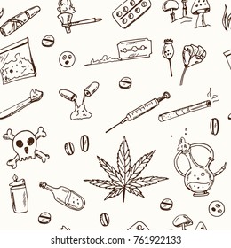 Hand Drawn Doodle Drug Addiction Seamless Pattern Vector Illustration. Symbol Collection.