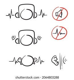 Hand Drawn Doodle Ear And Headphone  With Sound Wave Block Illustration Vector Isolated Icon