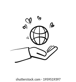 hand drawn doodle earth globe love icon illustration vector isolated