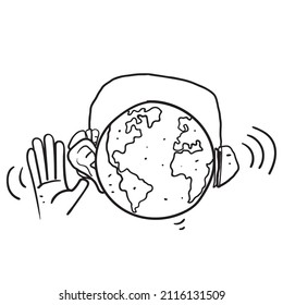 hand drawn doodle earth globe planet with headset illustration vector isolated