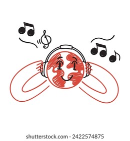 hand drawn doodle earth globe listening music using headset illustration