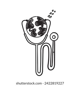hand drawn doodle earth globe with stethoscope illustration vector