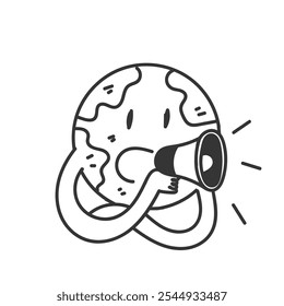 handgezeichnete doodle erde kugel charakter maskottchen halten megaphon