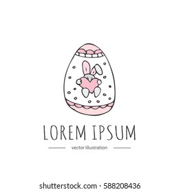 Hand drawn doodle Easter egg icon Vector Illustration sitting spring bunny with heart in hands symbol Cartoon decoration element: egg, rabbit, bunny, hunting eggs, hearts Patel colors Colorful sketch