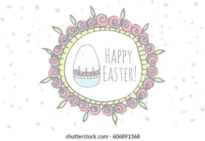 Hand drawn doodle Easter egg icon with funny decoration frame, vector illustration Spring bunny symbols collection Cartoon decoration element: egg, rabbit, basket, bunny  hunt, hearts, boarders
