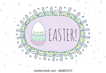 Hand drawn doodle Easter egg icon with funny decoration frame, vector illustration Spring bunny symbols collection Cartoon decoration element: egg, rabbit, basket, bunny  hunt, hearts, boarders