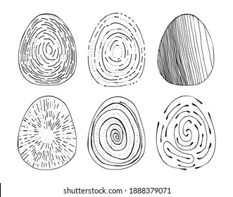 Hand drawn doodle Easter eggs with different patterns. Egg set with freehand grunge abstract line textures