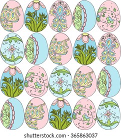 Hand drawn doodle easter eggs pattern background. Colored vector