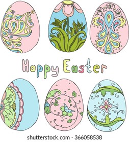 Hand drawn doodle easter eggs set with lettering Happy easter. vector colored