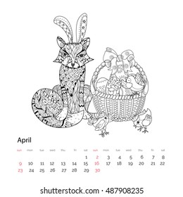 Hand drawn doodle  easter eggs in basket with chiken and fox decorated .Vector zen art illustration.Floral ornament.Sketch for adult coloring pages or postcards.Boho style.April calendar page 2017.