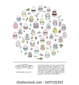 Hand drawn doodle Easter icons set Vector illustration spring bunny symbols collection Cartoon decoration elements: egg, rabbit, basket, bird, carrot, butterfly, bunny footprint, hunting eggs, hearts