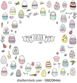 Hand drawn doodle Easter icons set Vector illustration spring bunny symbols collection Cartoon decoration elements: egg, rabbit, basket, bird, carrot, butterfly, bunny footprint, hunting eggs, hearts