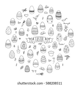Hand drawn doodle Easter icons set Vector illustration spring bunny symbols collection Cartoon decoration elements: egg, rabbit, basket, bird, carrot, butterfly, bunny footprint, hunting eggs, hearts