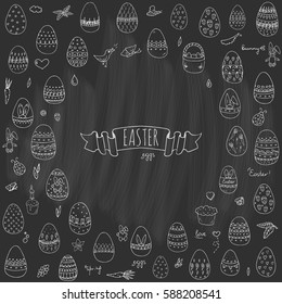 Hand drawn doodle Easter icons set Vector illustration spring bunny symbols collection Cartoon decoration elements: egg, rabbit, basket, bird, carrot, butterfly, bunny footprint, hunting eggs, hearts
