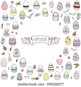 Hand drawn doodle Easter icons set Vector illustration spring bunny symbols collection Cartoon decoration elements: egg, rabbit, basket, bird, carrot, butterfly, bunny footprint, hunting eggs, hearts